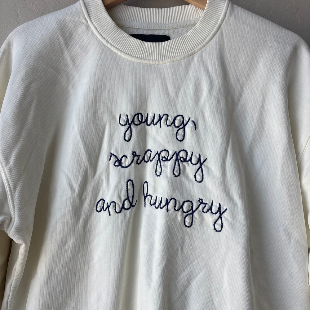 Lingua Franca Crewneck Young Scrappy and Hungry Cotton Sweatshirt Cream Size M - Picture 4 of 8